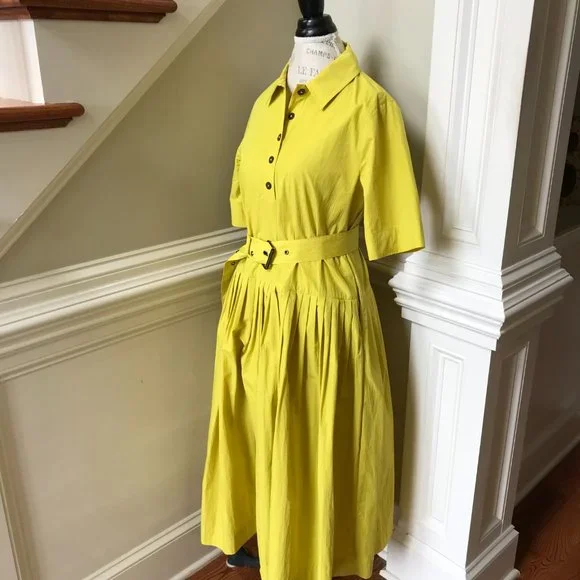 CO Half Placket Belted Shirt Dress Womens Medium Citron Yellow Short Sleeve Midi